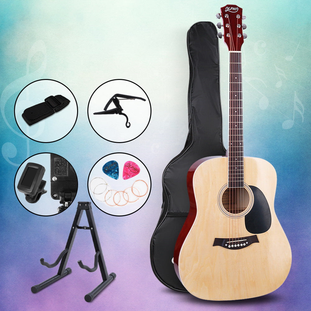 ALPHA 41 Inch Wooden Acoustic Guitar with Accessories set Natural Wood