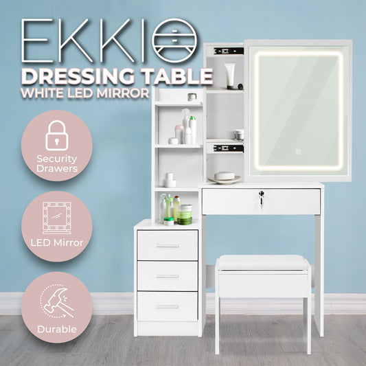EKKIO Dressing Table White LED Mirror + Stool EK-DT-100-LD
