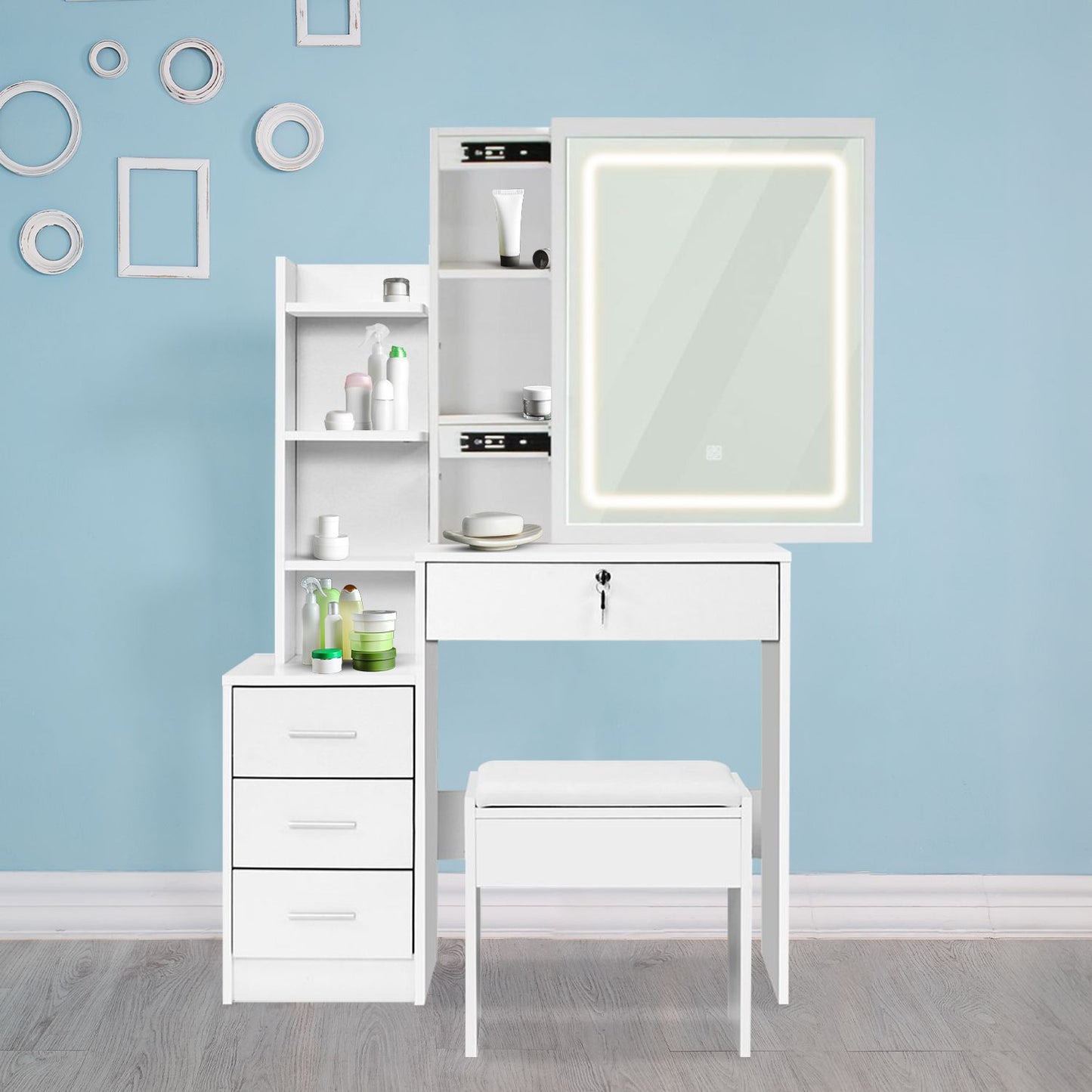 EKKIO Dressing Table White LED Mirror + Stool EK-DT-100-LD