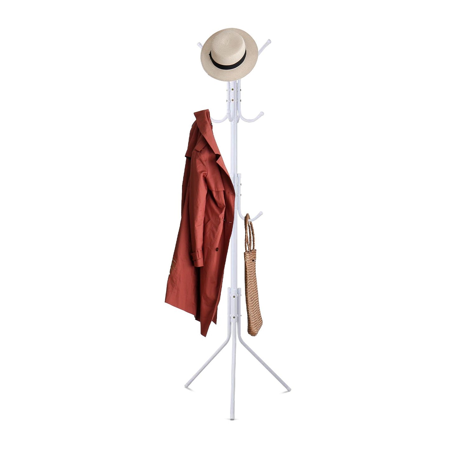 EKKIO 12 Hook Metal Coat Rack Stand with 3-Tier Hat Hanger (White) EK-CRS-100-GQR