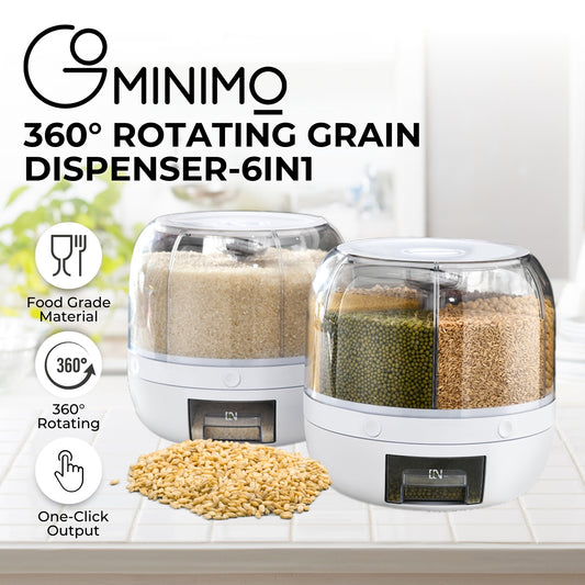 GOMINIMO 6 in 1 Rotating 360ー Grain Dispenser with Lid (White) GO-FD-108-LZ