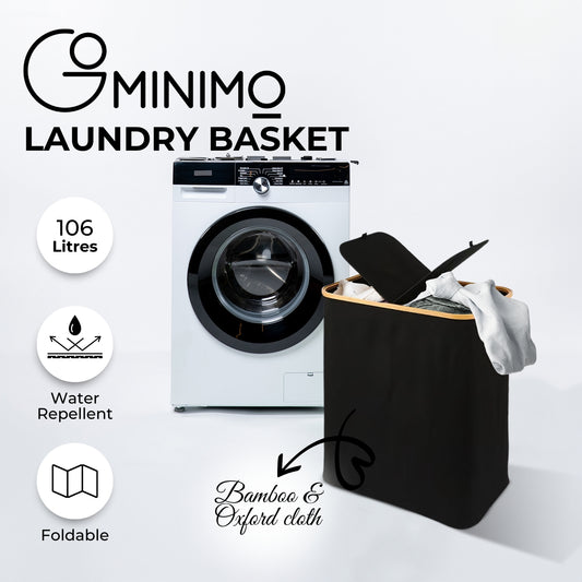 GOMINIMO Folding Bamboo & Canvas Laundry Hamper with Double Lid(Black)GO-LB-117-SJ
