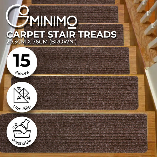 GOMINIMO Set of 15 Non Slip Carpet Stair Tread 20.3 x76cm (Brown) GO-CST-101-LD