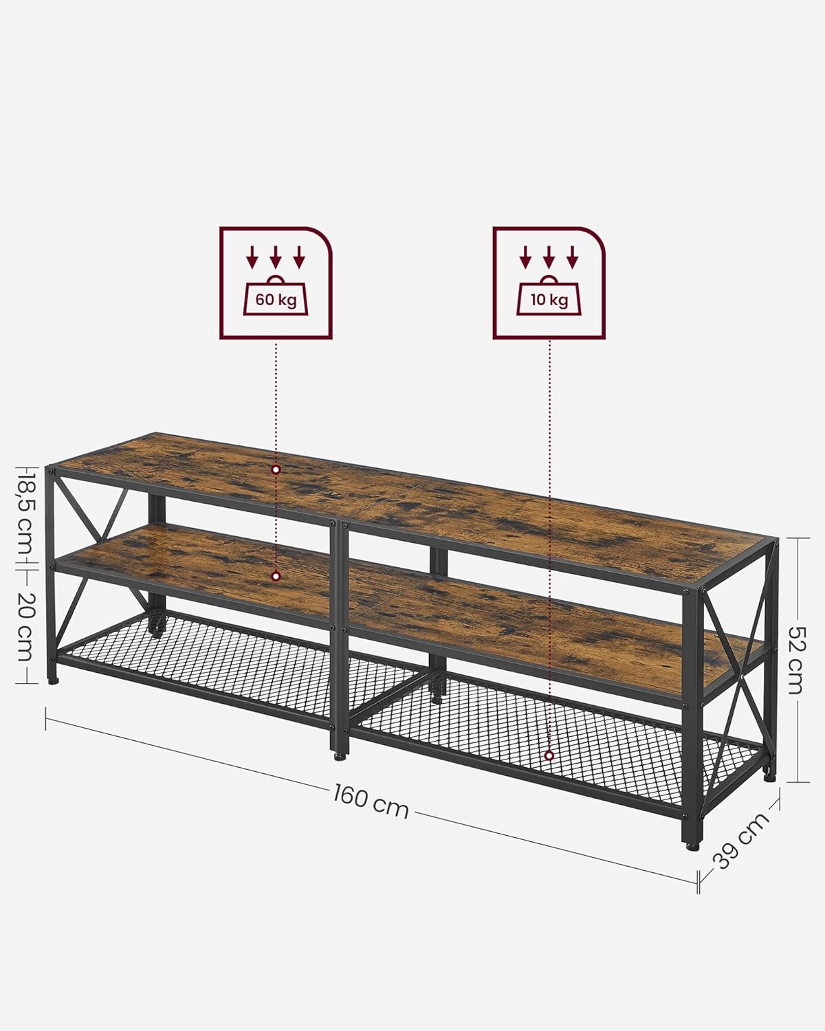 VASAGLE TV Cabinet Stand Lowboard for TVs up to 70 Inches with Shelves Steel Frame Vintage Brown/Black LTV095B01V1