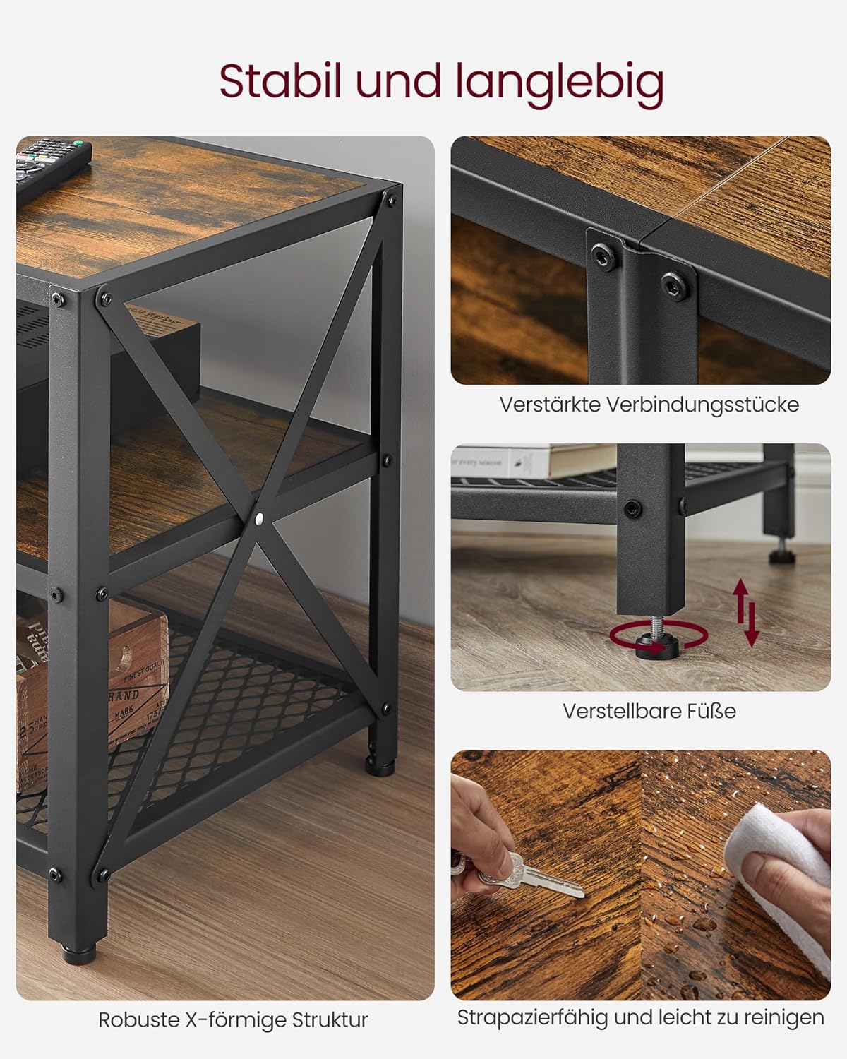 VASAGLE TV Cabinet Stand Lowboard for TVs up to 70 Inches with Shelves Steel Frame Vintage Brown/Black LTV095B01V1