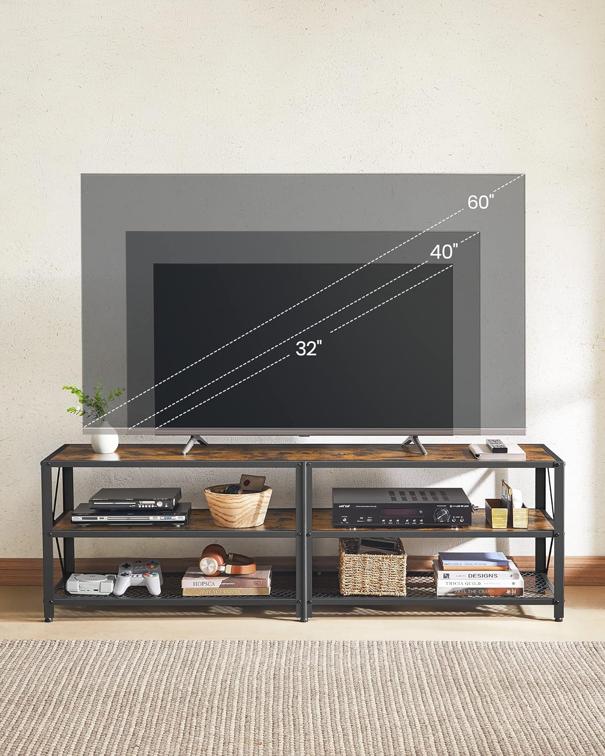 VASAGLE TV Cabinet Stand Lowboard for TVs up to 70 Inches with Shelves Steel Frame Vintage Brown/Black LTV095B01V1