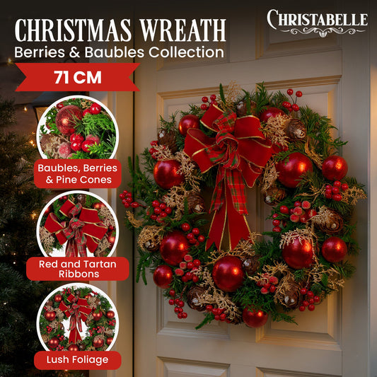 Christabelle 71cm Christmas Wreath Lush Green Holiday Door Wreath with Red Berries, Baubles & Pine Cones Pre-Decorated Festive Wall or Front Door Decoration