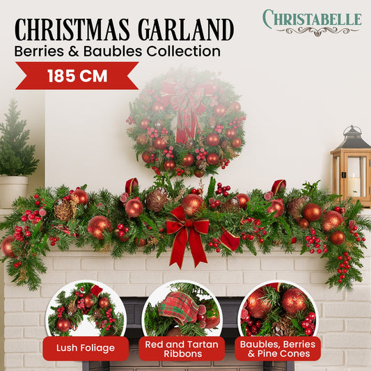 Christabelle 185cm Christmas Garland Lush Green Holiday Garland with Red Berries, Baubles & Pine Cones Pre-Decorated Festive Shelf or Banister Decoration