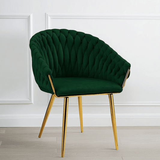 SERENITà Emerald Green Modern Velvet Dining Chairs, Upholstered Living Room Chair with Woven Back and Golden Metal Legs, Mid-Century Accent Set of 2(GREEN)