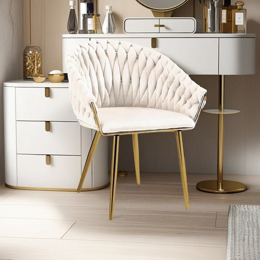 SERENITà Ivory Modern Velvet Dining Chairs, Upholstered Living Room Chair with Woven Back and Golden Metal Legs, Mid-Century Accent Set of 2(Ivory)