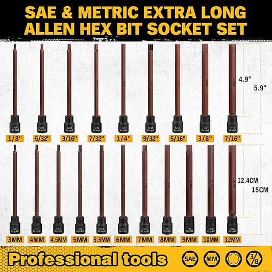 ELEAD Extra-Long Allen Hex Bit Socket Set: 20-Piece 3/8 Inch Drive, S2 Steel, Standard SAE & Metric (1/8-Inch - 7/16-Inch, 3-12mm) for Impact Drills and Ratchet Wrenches