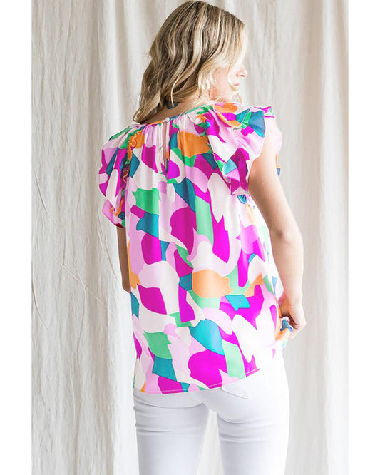 Azura Exchange Abstract Pattern Ruffle Short Sleeves Blouse - S