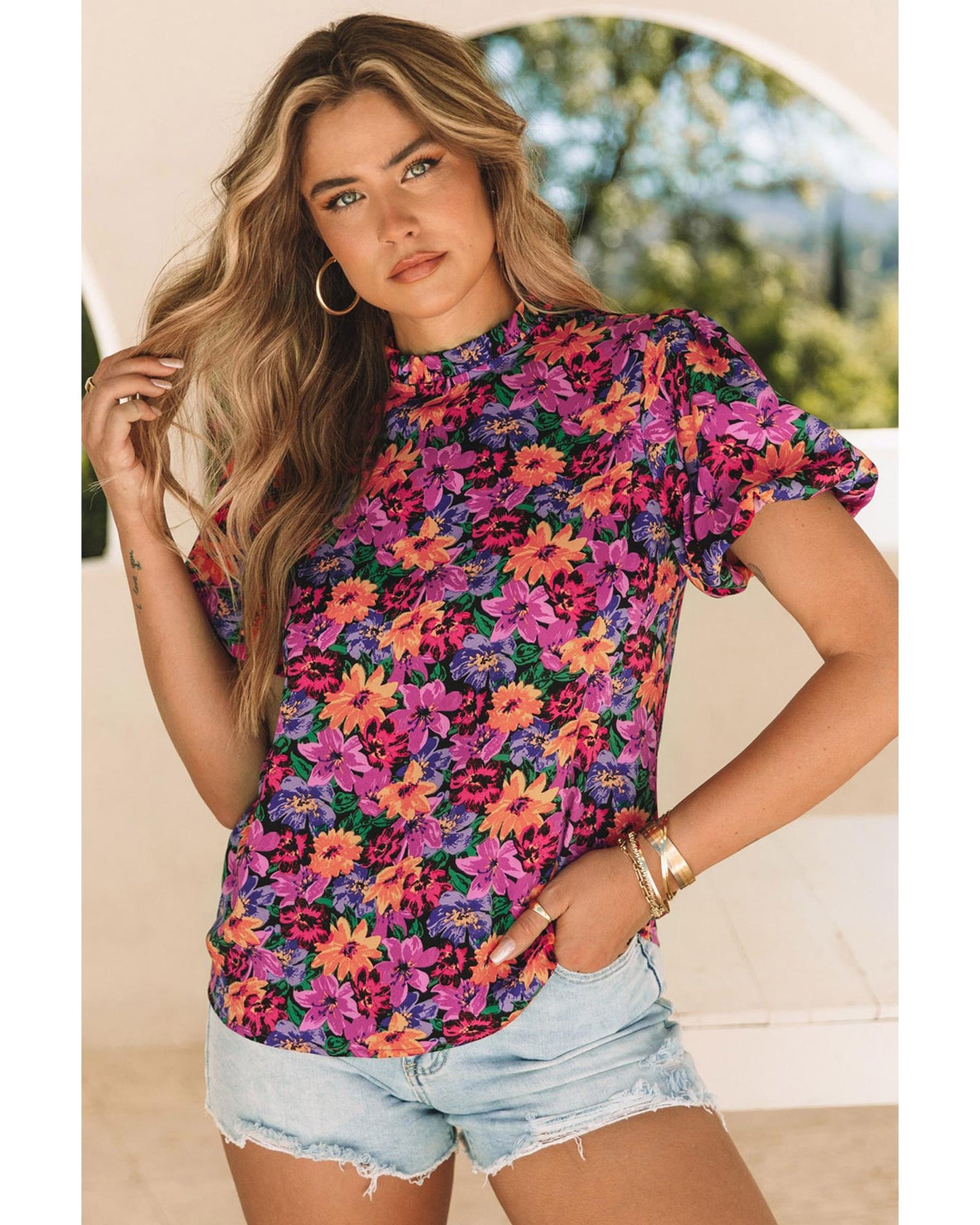 Azura Exchange Floral Print Puff Sleeve Blouse - L