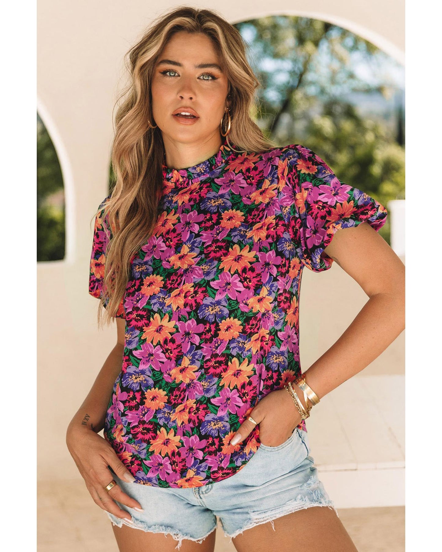 Azura Exchange Floral Print Puff Sleeve Blouse - L