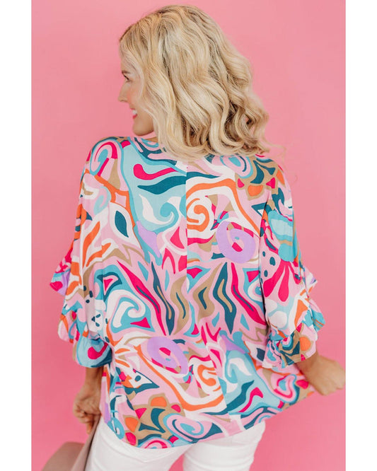 Azura Exchange Abstract Print Ruffle V Neck Blouse - M