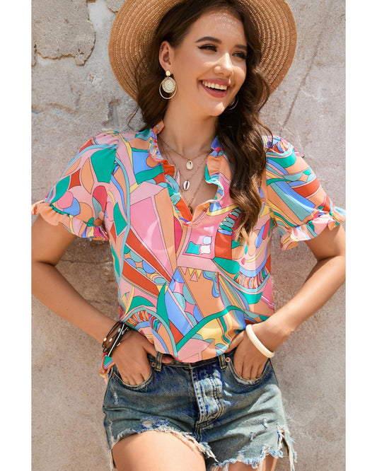 Azura Exchange Abstract Geometry Print Frilled V Neck Blouse - L