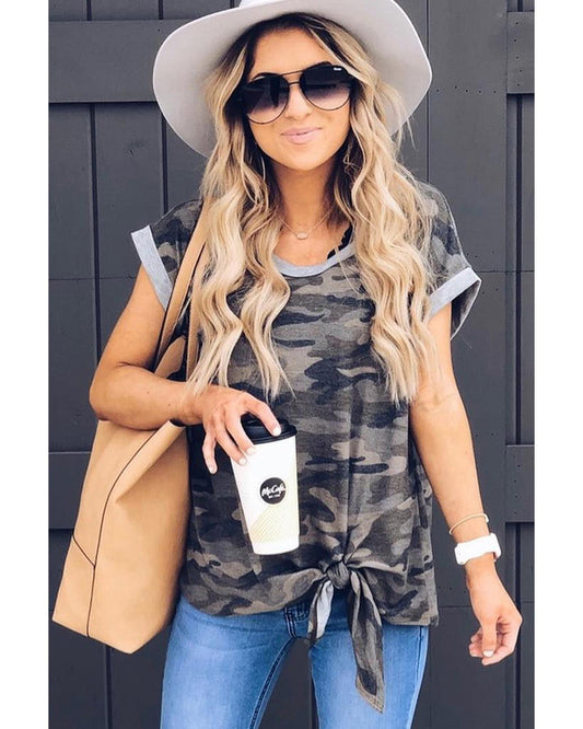 Azura Exchange Camo Print Knotted Hem T-shirt - L