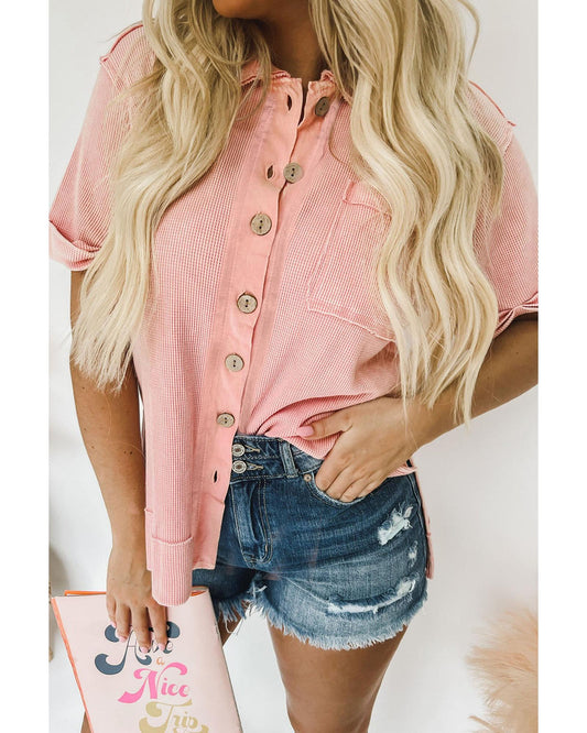 Azura Exchange Acid Wash Waffle Knit Buttoned Shirt - S