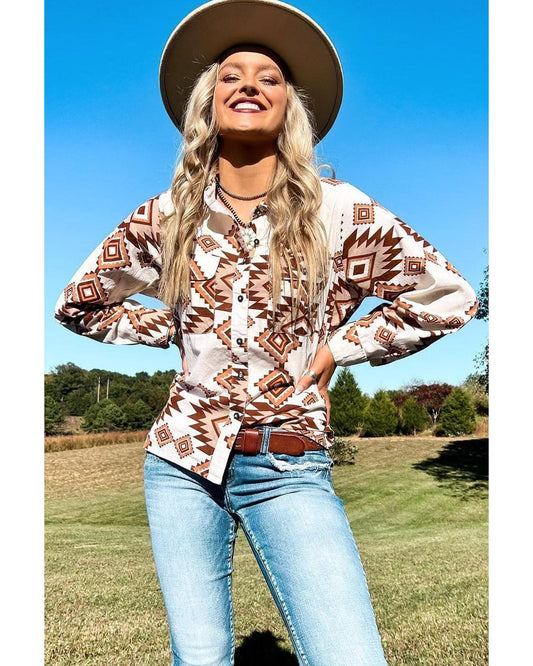 Azura Exchange Button Flap Pocket Shirt with Western Aztec Pattern - M