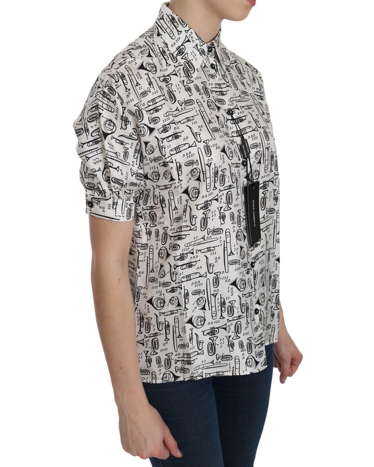 Musical Instrument Print Silk Collared Top 36 IT Women