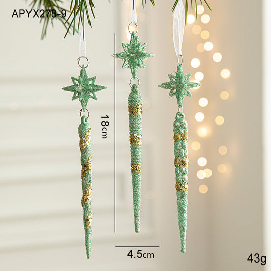 Green Glitter Icicle Christmas Ornaments with Star Tops - Set of 3 Hanging Decorations(5 set in total)