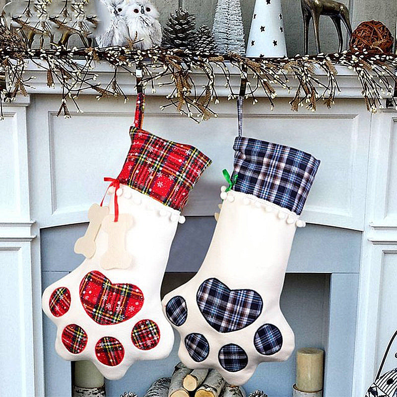 Red Large Plaid Dog Paw Christmas Stocking - Festive Fireplace Decor for Pet Lovers