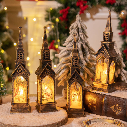 3-pcs Santa Claus Vintage Christmas Church LED Lantern - Battery Operated Decorative Holiday Night Light