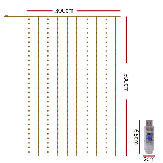Jingle Jollys 3X3M Christmas Lights Curtain String Light 300 LED Warm White