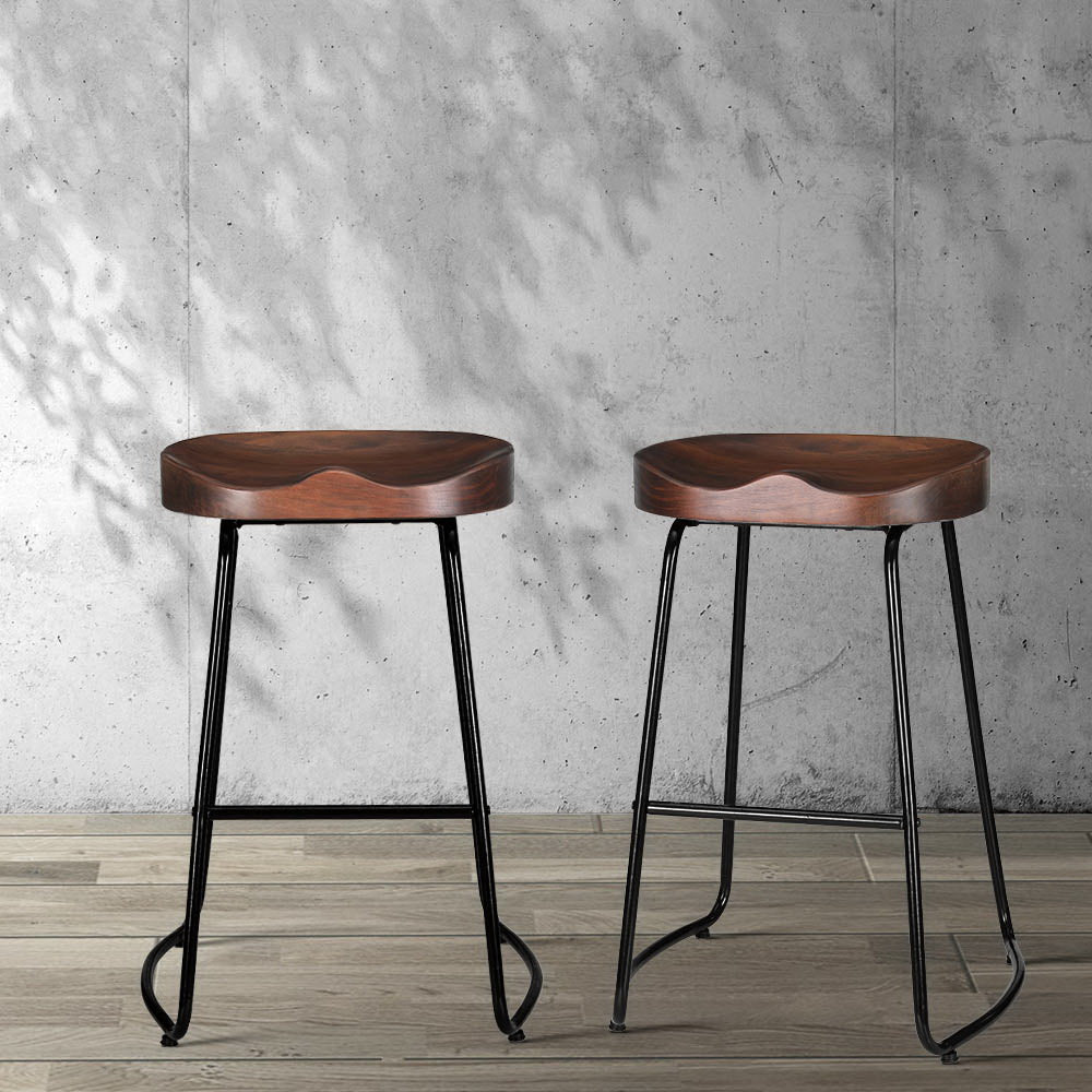 Artiss Set of 2 Elm Wood Backless Bar Stools 65cm - Black and Dark Natural