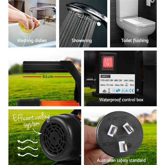 Giantz Garden Water Pump 1500W High Pressure Tank Rain Farm Irrigation Black