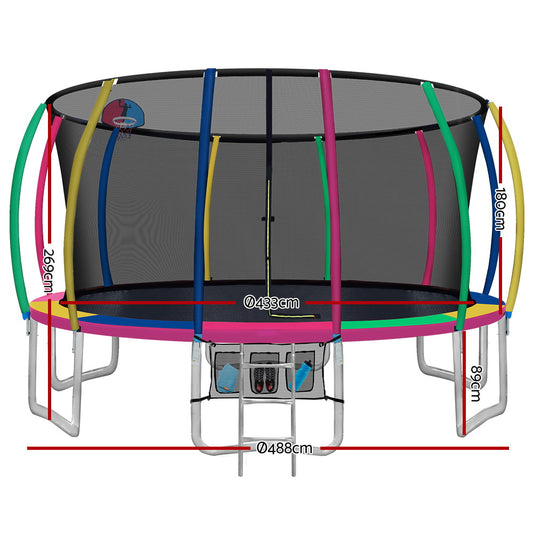 Everfit 16FT Trampoline Round Trampolines With Basketball Hoop Kids Present Gift Enclosure Safety Net Pad Outdoor Multi-coloured