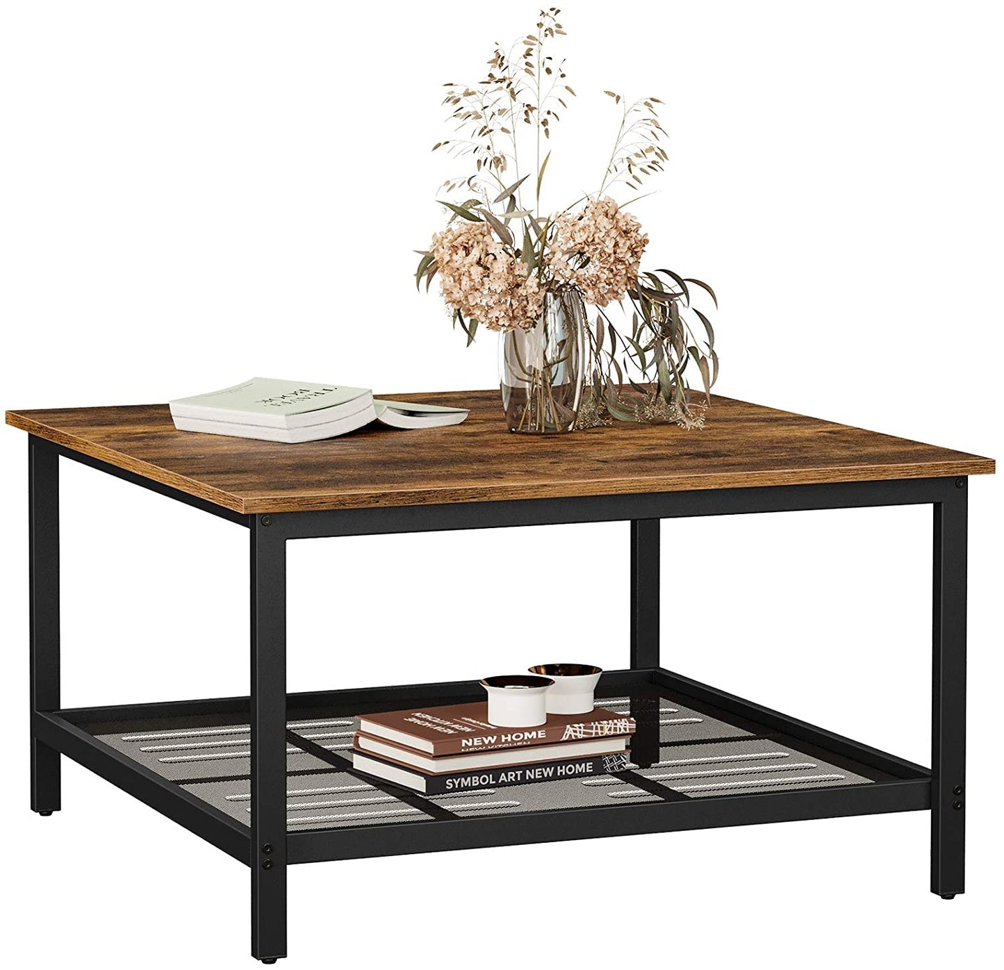 Robust Coffee Table Steel Frame and Mesh Storage Shelf, Rustic Brown and Black