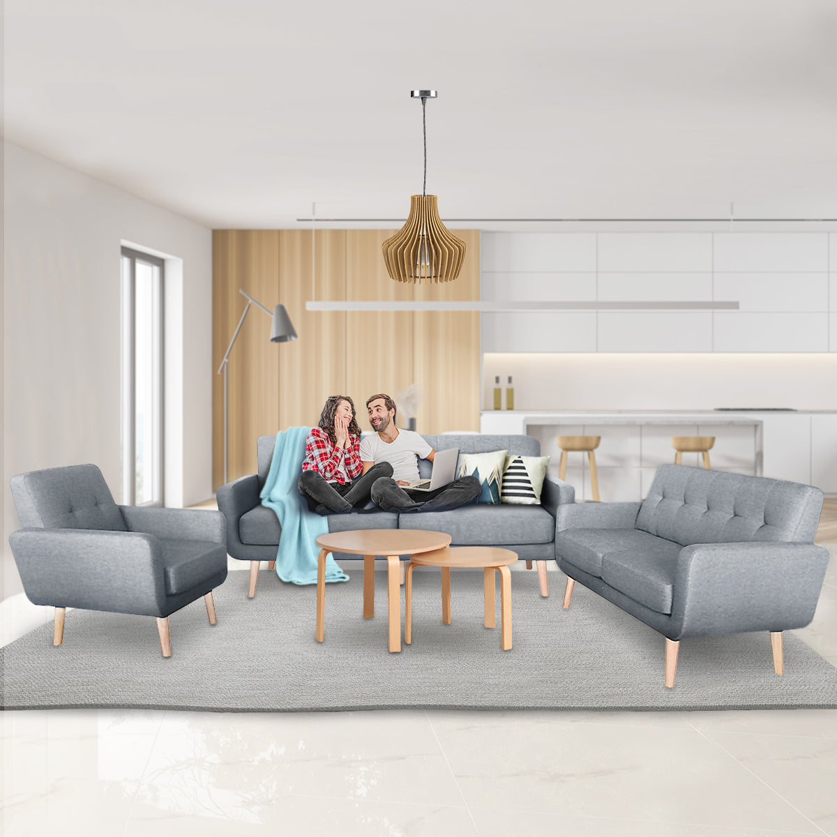 Sarantino 6-Seater Linen Fabric Sofa Set Couch Futon - Light Grey