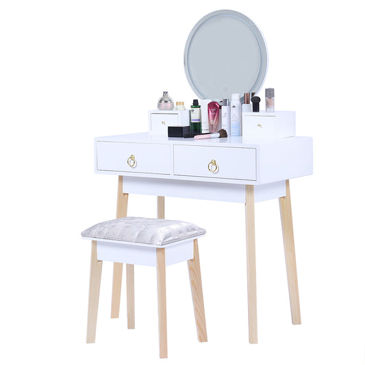 Dressing Vanity Table Stool Set with Make-up LED Lighted Mirror – White