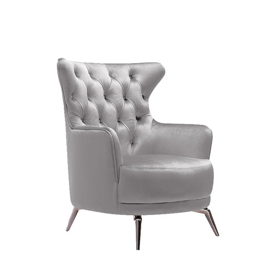 Grand Tufted Lounge - Light Grey Velvet Fabric - Silver Legs