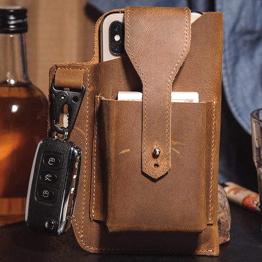 Men's Genuine Leather Retro Belt Waist Bag Cell Phone Belt Bag (Black)