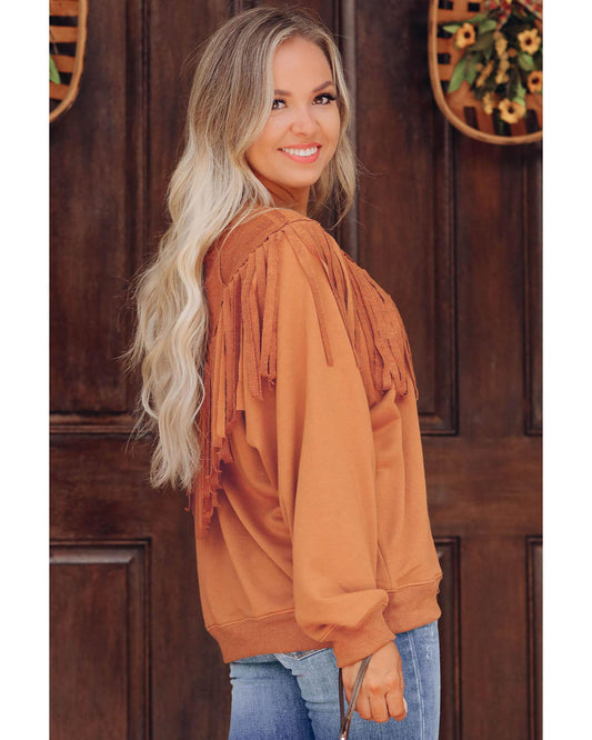 Azura Exchange Brown Chevron Fringe Loose Pullover Sweatshirt - S