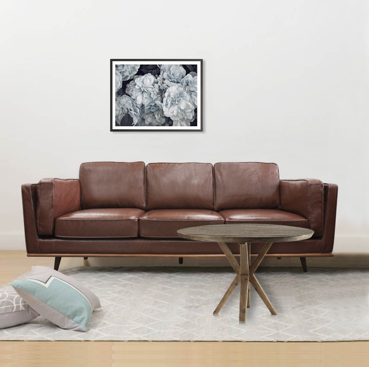 3 Seater Faux Leather Sofa Brown Lounge Set for Living Room Couch with Wooden Frame
