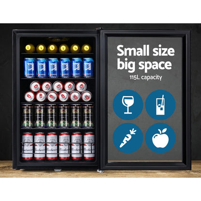 Devanti 115L Bar Fridge Glass Door Mini Freezer Fridges Countertop Beverage Commercial