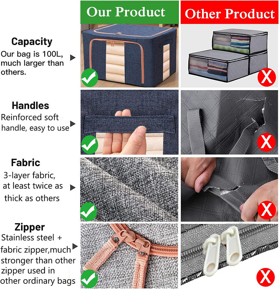 Foldable Storage Box Crushed Steel Frame Clothes Quilt Toys Organizer 24L Random color