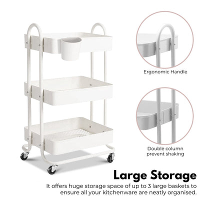 EKKIO Kitchen Trolley Cart 3 Tier (White)