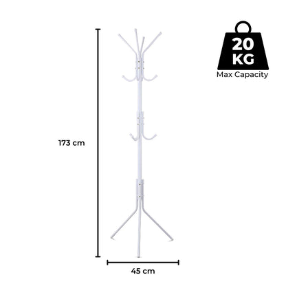 EKKIO 12 Hook Metal Coat Rack Stand with 3-Tier Hat Hanger (White) EK-CRS-100-GQR