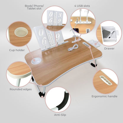 EKKIO Multifunctional Portable Bed Tray Laptop Desk with USB Charge Port (burlywood)