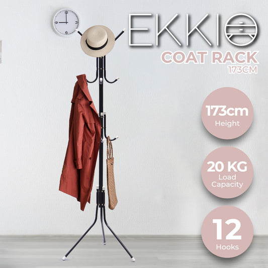EKKIO 12 Hook Metal Coat Rack Stand with 3-Tier Hat Hanger (Black)EK-CRS-102-GQR