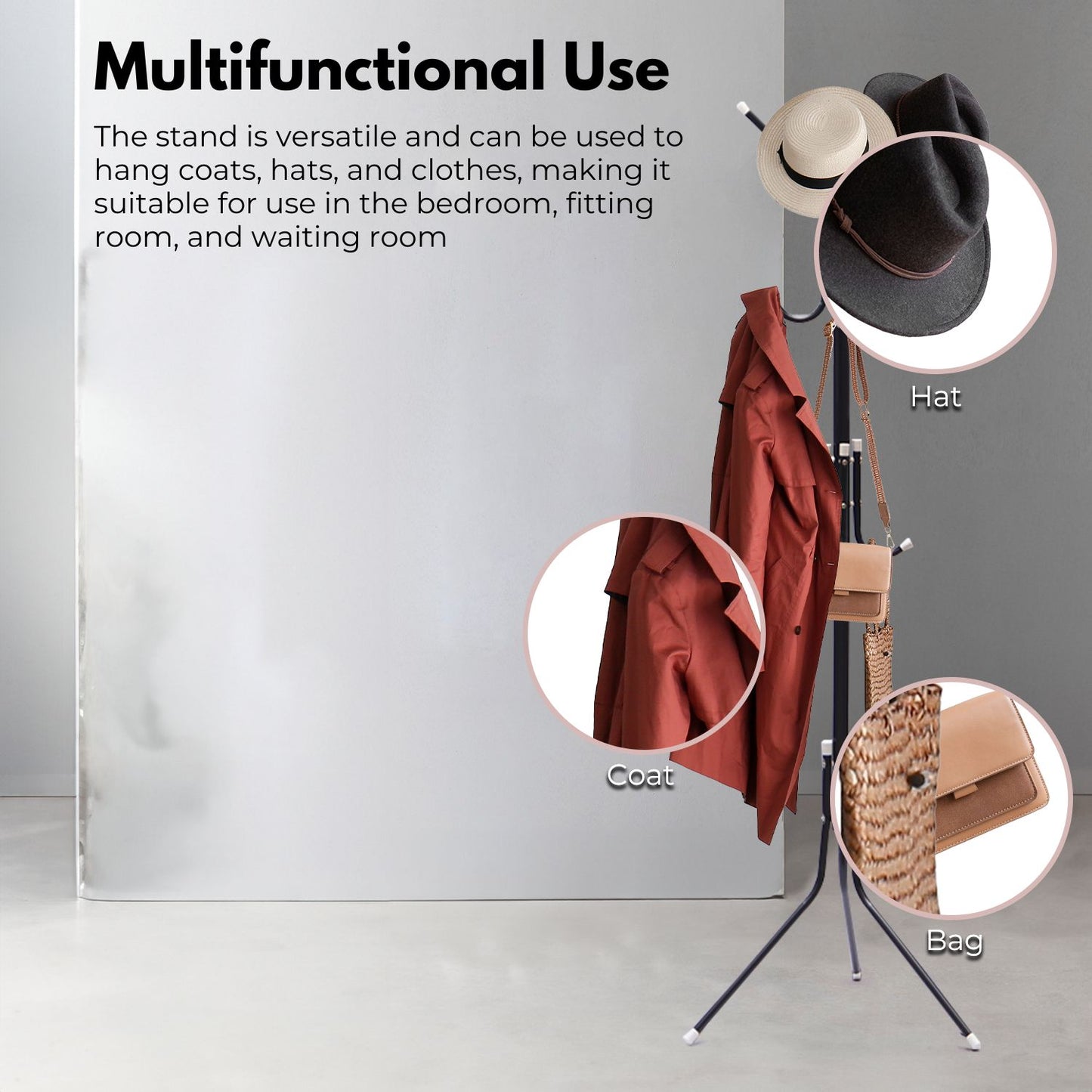 EKKIO 12 Hook Metal Coat Rack Stand with 3-Tier Hat Hanger (Black)EK-CRS-102-GQR