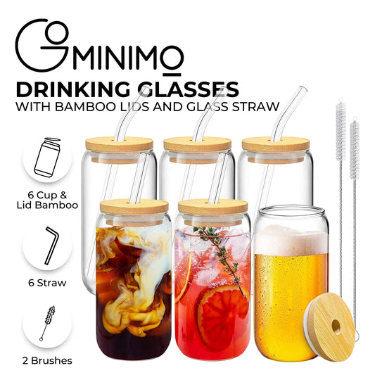 GOMINIMO 6 Pcs Clear Drinking Glasses with Bamboo Lids and Glass Straw(16 Oz ) GO-DG-100-FH