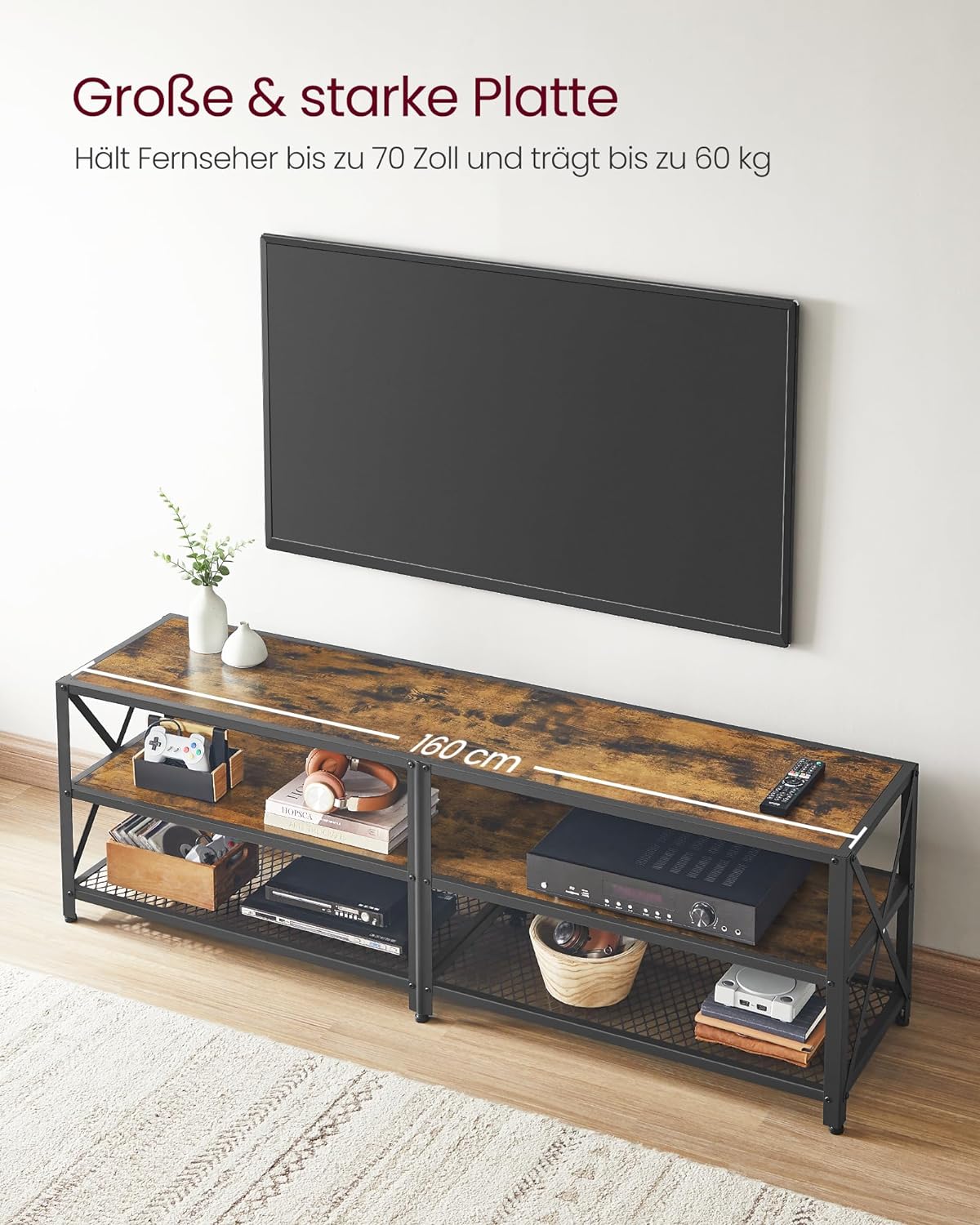 VASAGLE TV Cabinet Stand Lowboard for TVs up to 70 Inches with Shelves Steel Frame Vintage Brown/Black LTV095B01V1