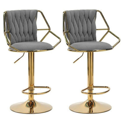 2x Height Velvet Padded Golden Round Base Barstools Chairs with Backrest and Footrest -GREY
