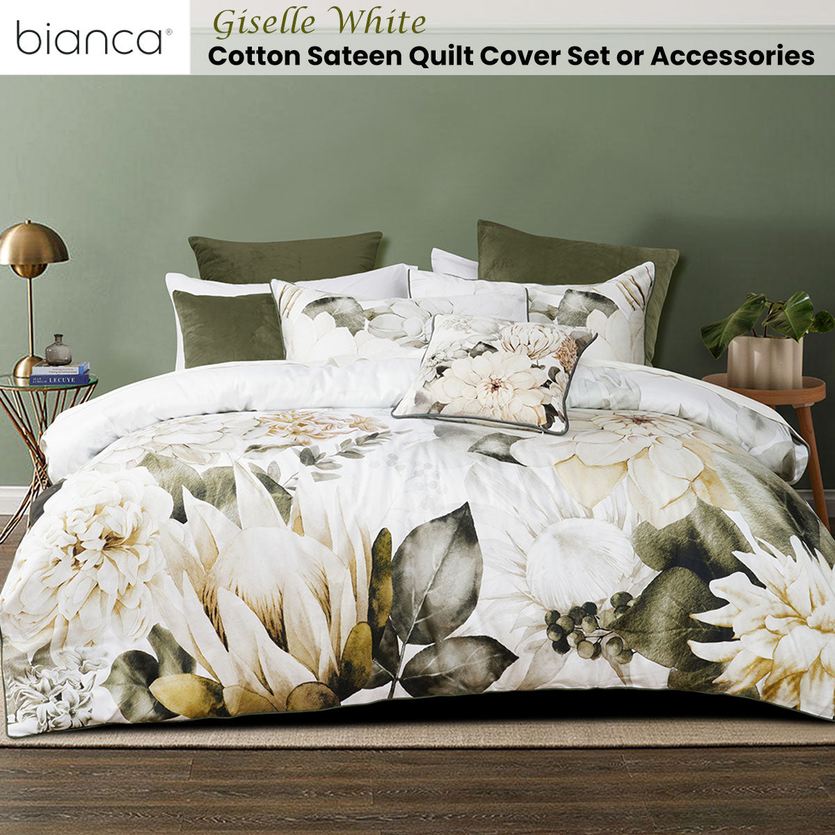 Bianca Giselle White Cotton Sateen Quilt Cover Set Double