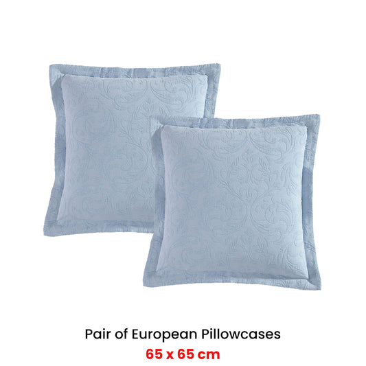 Private Collection Pair of Marbella Blue 100% Cotton Matelasse European Pillowcases 65 x 65cm